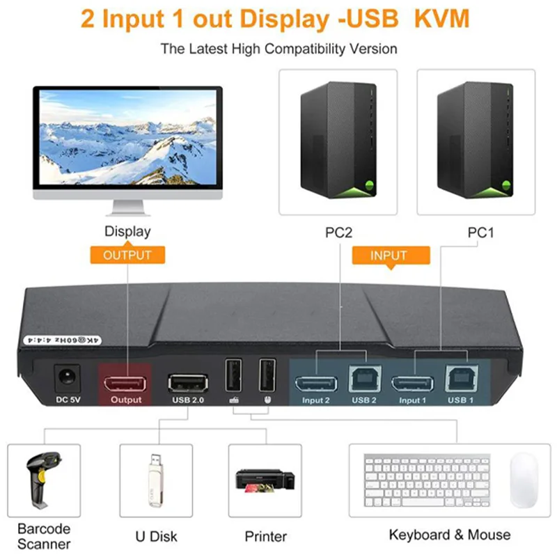 کی وی ام سوئیچ  2 پورت DisplayPort 1.2 کیفیت 4K با اشتراک گذاری USB لیمستون